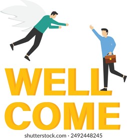 Concepto de miembro Nuevo del equipo, nuevo miembro del equipo, saludo de palabra, personas celebrando, para la página de Web, Anuncio, presentación, medios de comunicación social, documento, tarjeta, cartel. reunión. Ilustración plana de Vector.