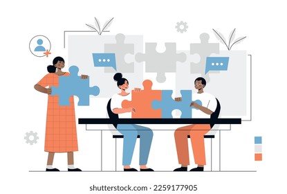 New team member. Men and woman collect puzzles. Adaption in work place . Employees working on common project, partners and colleagues. Poster or banner for website. Cartoon flat vector illustration