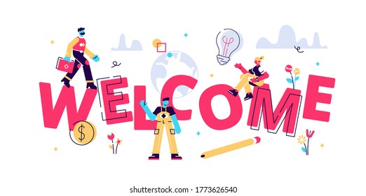 New team member "WELCOME" Concept, people celebrate, for web page, banner, presentation, social media, documents, cards, posters. meeting, greeting concept Vector illustration