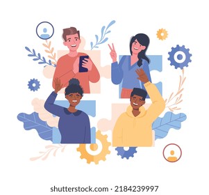 New team members. Men and women communicate on Internet or social networks. Remote workers on video conference welcome newcomers. Company expansion metaphor. Cartoon flat vector illustration