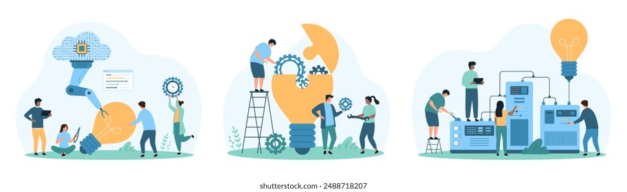 New tech solution, innovation development and optimization set. Tiny people construct light bulb with robotic arm and cloud services help, work with factory lab machine cartoon vector illustration
