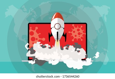 New tech startup during covid-2019 pandemic. Victory over coronavirus and business survival concept design. Rocket launching over laptop with virus sign display on world map background. Flat vector