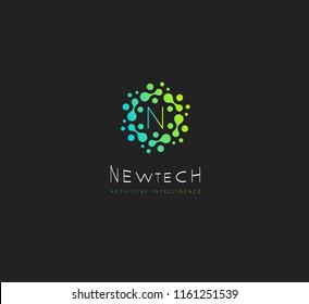 New tech vector logo. Green dots with letter N, modern monogram template on black background.