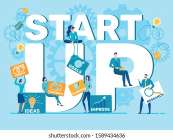 New Technological Startup Launching, Staring Innovative Business Flat Vector Concept with Entrepreneurs Team Searching Business Ideas, Planning Company Strategy, Making Marketing Research Illustration