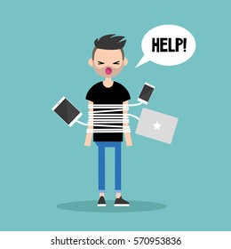 New technologies addiction. Young bearded man tied up with charging wires / flat editable vector illustration, clip art