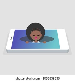 New technologies addiction. Young black female millennial character calling for help in the pit / editable flat vector illustration, clip art