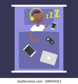 New Technologies Addiction: young black man sleeping with all his gadgets in bed / editable flat vector illustration