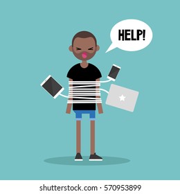 New technologies addiction. Young black man tied up with charging wires / flat editable vector illustration, clip art