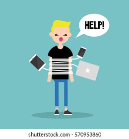 New technologies addiction. Young blond boy tied up with charging wires / flat editable vector illustration, clip art