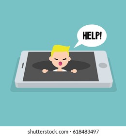 New technologies addiction. Young blond boy calling for help in the pit / editable flat vector illustration, clip art