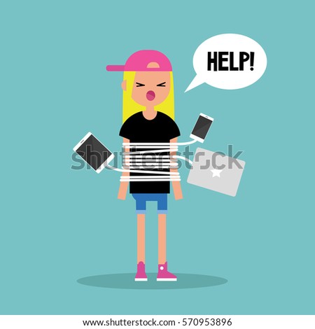 New technologies addiction. Young blond girl tied up with charging wires / flat editable vector illustration, clip art