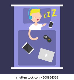 New Technologies Addiction: young blonde boy sleeping with all his gadgets in bed / editable flat vector illustration