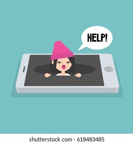 New technologies addiction. Young girl calling for help in the pit / editable flat vector illustration, clip art