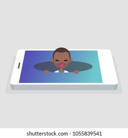 New technologies addiction. Young millennial character calling for help in the pit / editable flat vector illustration, clip art
