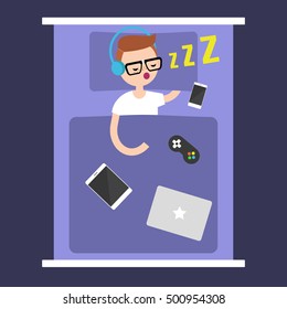 New Technologies Addiction: young nerd sleeping with all his gadgets in bed / editable flat vector illustration