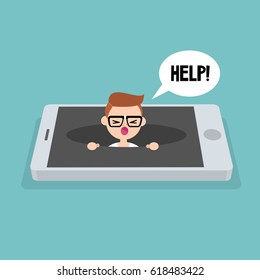 New technologies addiction. Young nerd calling for help in the pit / editable flat vector illustration, clip art