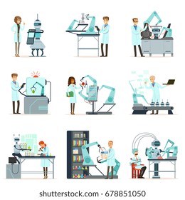 New technologies, artificial intelligence set, scientists working in the laboratory with robotic machines vector Illustrations