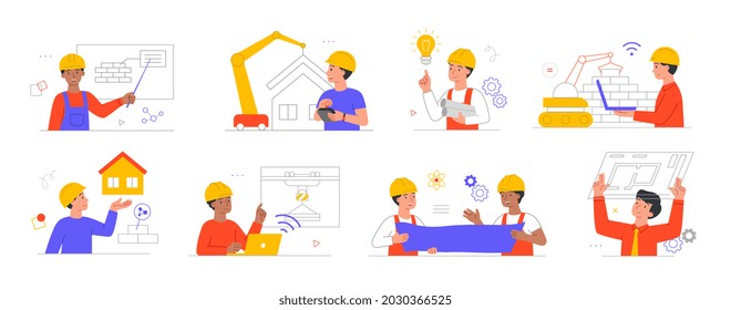 New technologies for building set of icons. Male characters build houses, use equipment and develop projects. Professionals at work. Cartoon doodle flat vector collection isolated on white background