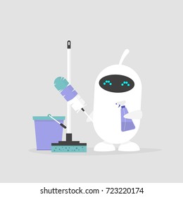 New technologies. Cleaning the apartment, conceptual illustration. Cute white robot holding the cleaning tools: a feather duster and a cleaning spray / flat editable vector illustration, clip art