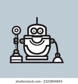 New technologies. Cleaning the  Cute white robot holding the cleaning tools  flat editable vector illustration, clip art