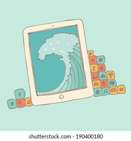 new technologies concept, cell mobile, smartphone, iPad, vector illustration, hand drawn