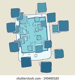 new technologies concept, cell mobile, smartphone, iPhone, iPad, vector illustration, hand drawn