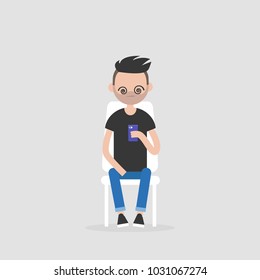 New technologies, conceptual illustration. Young hypnotised character staring at the smartphone screen. Millennial generation / flat editable vector, clip art