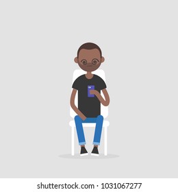 New technologies, conceptual illustration. Young black hypnotised character staring at the smartphone screen. Millennial generation / flat editable vector, clip art