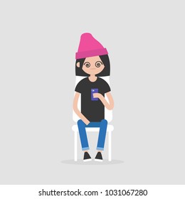 New technologies, conceptual illustration. Young female hypnotised character staring at the smartphone screen. Millennial generation / flat editable vector, clip art