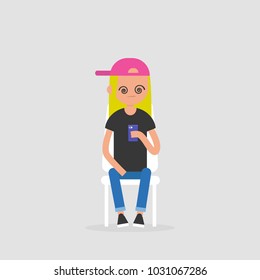 New technologies, conceptual illustration. Young female hypnotised character staring at the smartphone screen. Millennial generation / flat editable vector, clip art