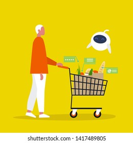 New technologies. Cute robot helping at the supermarket. Groceries. Millennial lifestyle. Healthy eating. Interface. Flat editable vector illustration, clip art