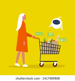 New technologies. Cute robot helping at the supermarket. Groceries. Millennial lifestyle. Healthy eating. Interface. Flat editable vector illustration, clip art
