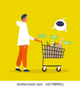 New technologies. Cute robot helping at the supermarket. Groceries. Millennial lifestyle. Healthy eating. Interface. Flat editable vector illustration, clip art
