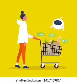 New technologies. Cute robot helping at the supermarket. Groceries. Millennial lifestyle. Healthy eating. Interface. Flat editable vector illustration, clip art