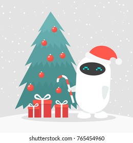 New technologies. Cute white robot holding a candy cane and wearing a santa hat. Winter holidays. Flat editable vector illustration, clip art