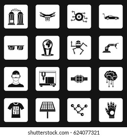 New technologies icons set in white squares on black background simple style vector illustration
