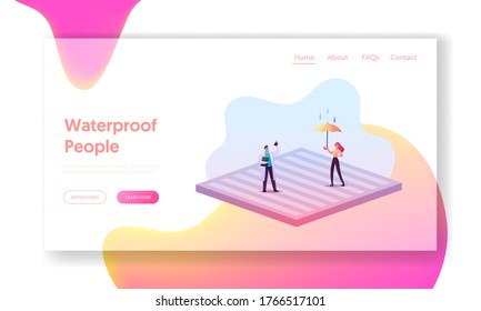 New Technologies, Impregnated Waterproof Fabric Landing Page Template. Tiny Characters Stand on Huge Water Proof Coating with Umbrella and Falling Rain Drops. Cartoon People Vector Illustration