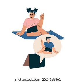 New Technologies with Kid Character with Tablet Sit and do Yoga Vector Illustration