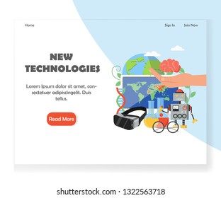 New technologies landing page template. Vector flat style design concept for website and mobile site development. Scientific discoveries, virtual reality and robotic technologies.