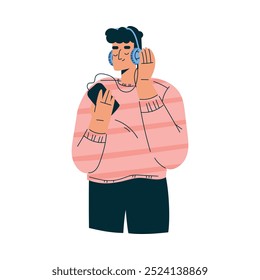 Nuevas Tecnologías con personaje de hombre Escuchar música con auriculares y Ilustración vectorial de smartphone