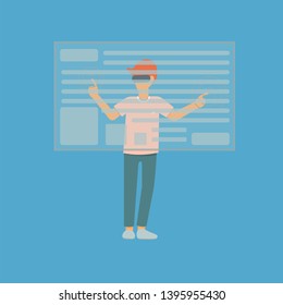 New technologies. Man wearing virtual reality glasses, goggles, headset, with touching vr interface. Future technology. Flat vector illustration isolated on blue background