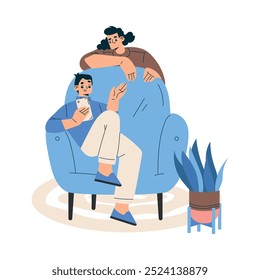 New Technologies with Man and Woman Character with Smartphone Vector Illustration