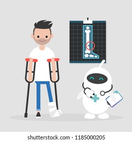 New technologies. Modern health care. Cute white doctor robot. Disabled character on crutches with broken leg / editable vector illustration, vector clip art