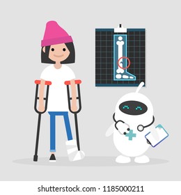 New technologies. Modern health care. Cute white doctor robot. Disabled character on crutches with broken leg / editable vector illustration, vector clip art