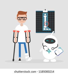 New technologies. Modern health care. Cute white doctor robot. Disabled character on crutches with broken leg / editable vector illustration, vector clip art
