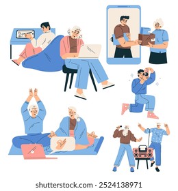 New Technologies with People Character Using Mobile Device Vector Set
