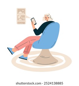 New Technologies with Senior Woman Character with Smartphone Sit on Chair Vector Illustration
