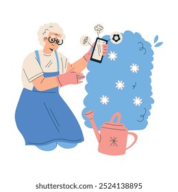 New Technologies with Senior Woman Character with Smartphone Gardening Vector Illustration