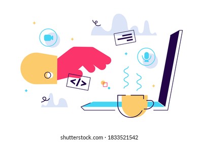 New technologies, a side view of an open laptop, millennials at work, a startup industry. Flat style modern design vector illustration for web page, cards, poster