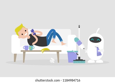 New technologies. Smart home. Cleaning the apartment. Cute white robot holding the cleaning tools: a feather duster and a cleaning spray / flat editable vector illustration, clip art